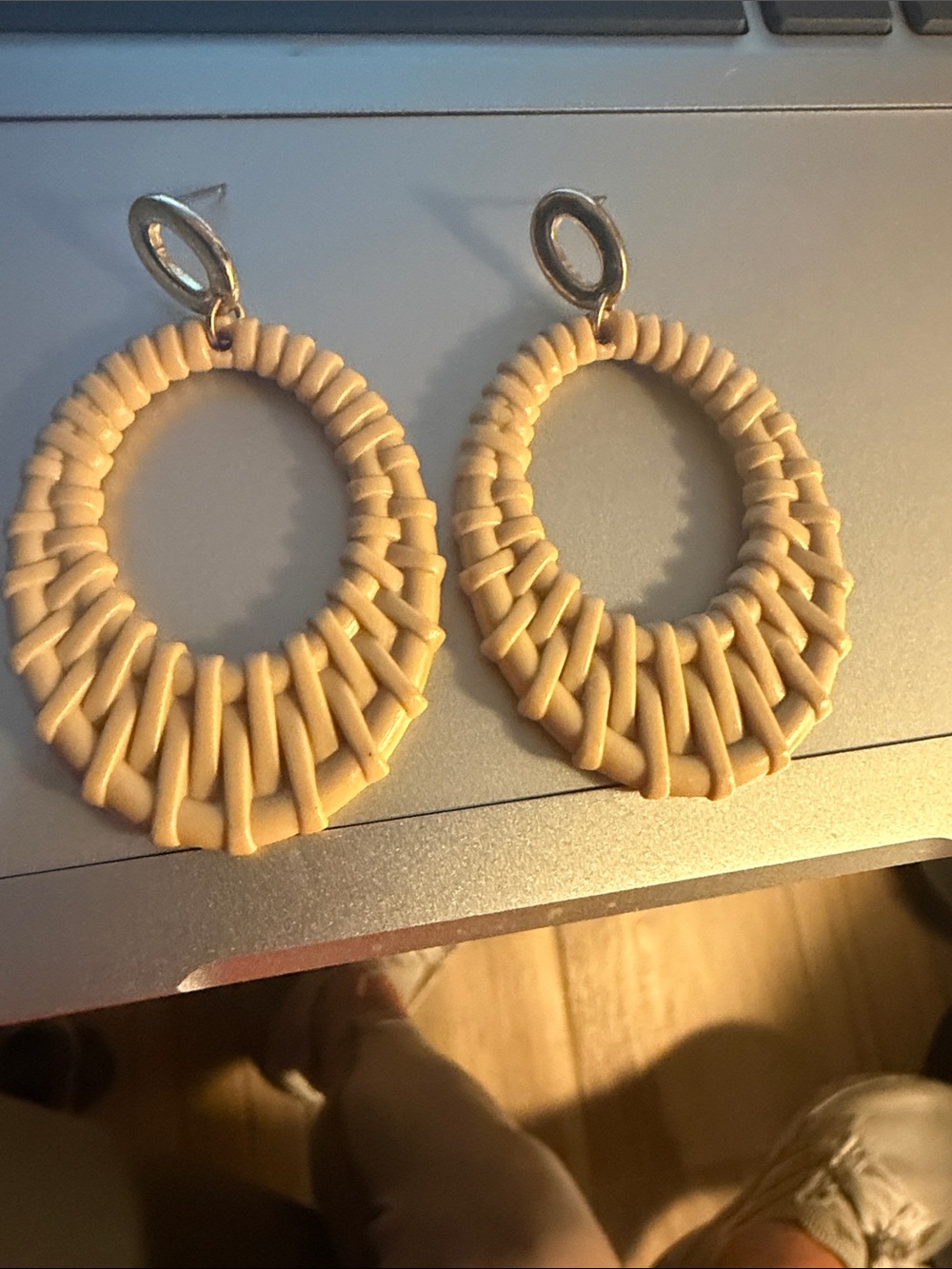 Handcrafted Cream Woven Hoop Drop Earrings